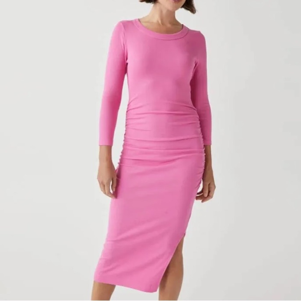 New! Michael Stars Christina Ribbed Knit Ruched Sides Midi Dress Pink Size S